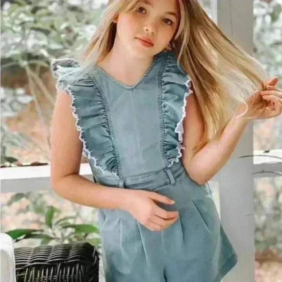 Habitual girls denim jean shorts romper size 16 pleated smocked stretchy v neck - Picture 4 of 13